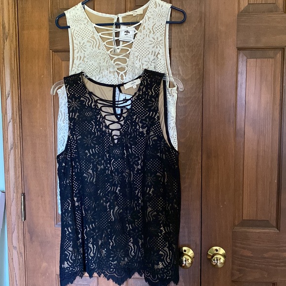 entro Tops - TWO gorgeous lace tanks with lattice v-neck- black and cream!